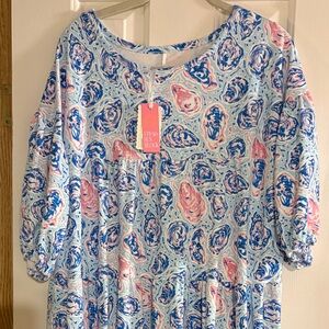 Light Blue Pink & Navy Patterned Tunic Dress SPF 50, great for Beach Wear.